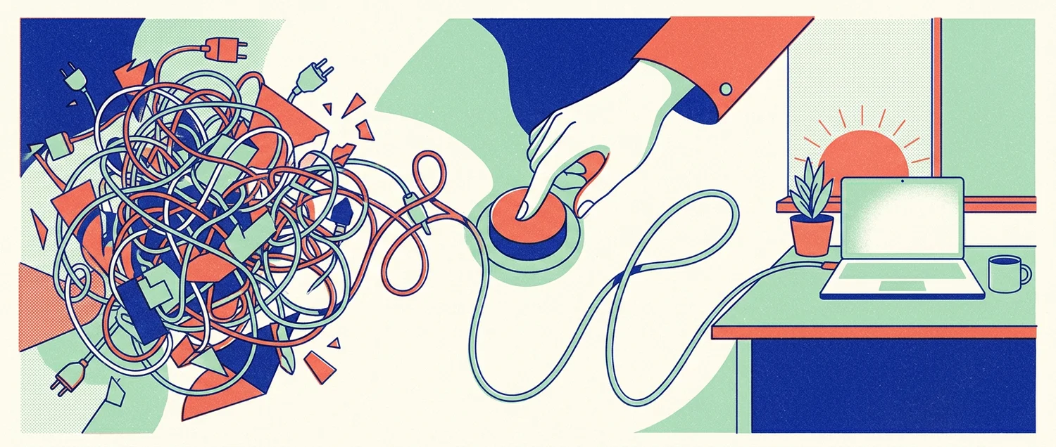Screen-print illustration: a chaotic knot of cables unravels into one smooth cable after a hand presses a button, ending at a calm laptop on a sunny desk