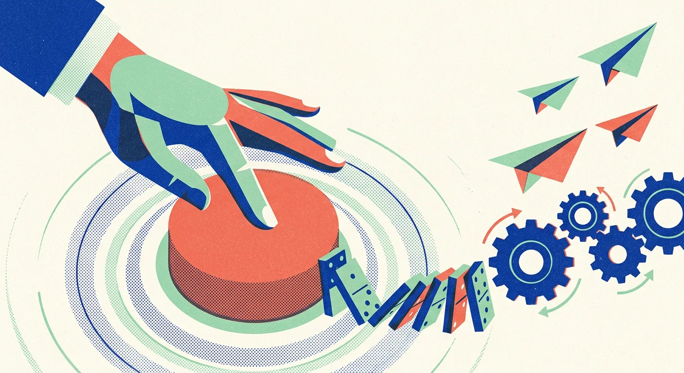 Screen-print illustration of a hand pressing a big red button that sets off dominoes, gears and paper planes