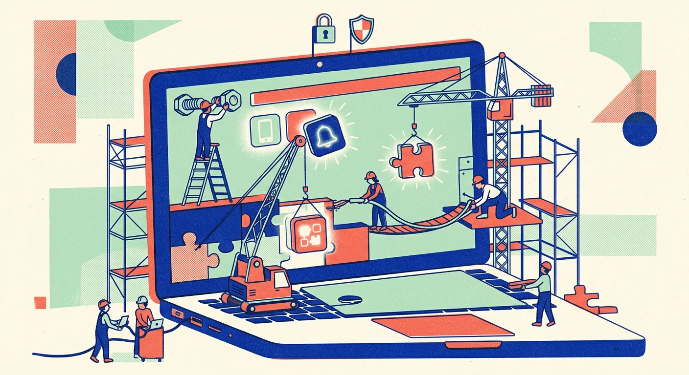Screen-print illustration of tiny workers with cranes assembling apps inside a giant laptop