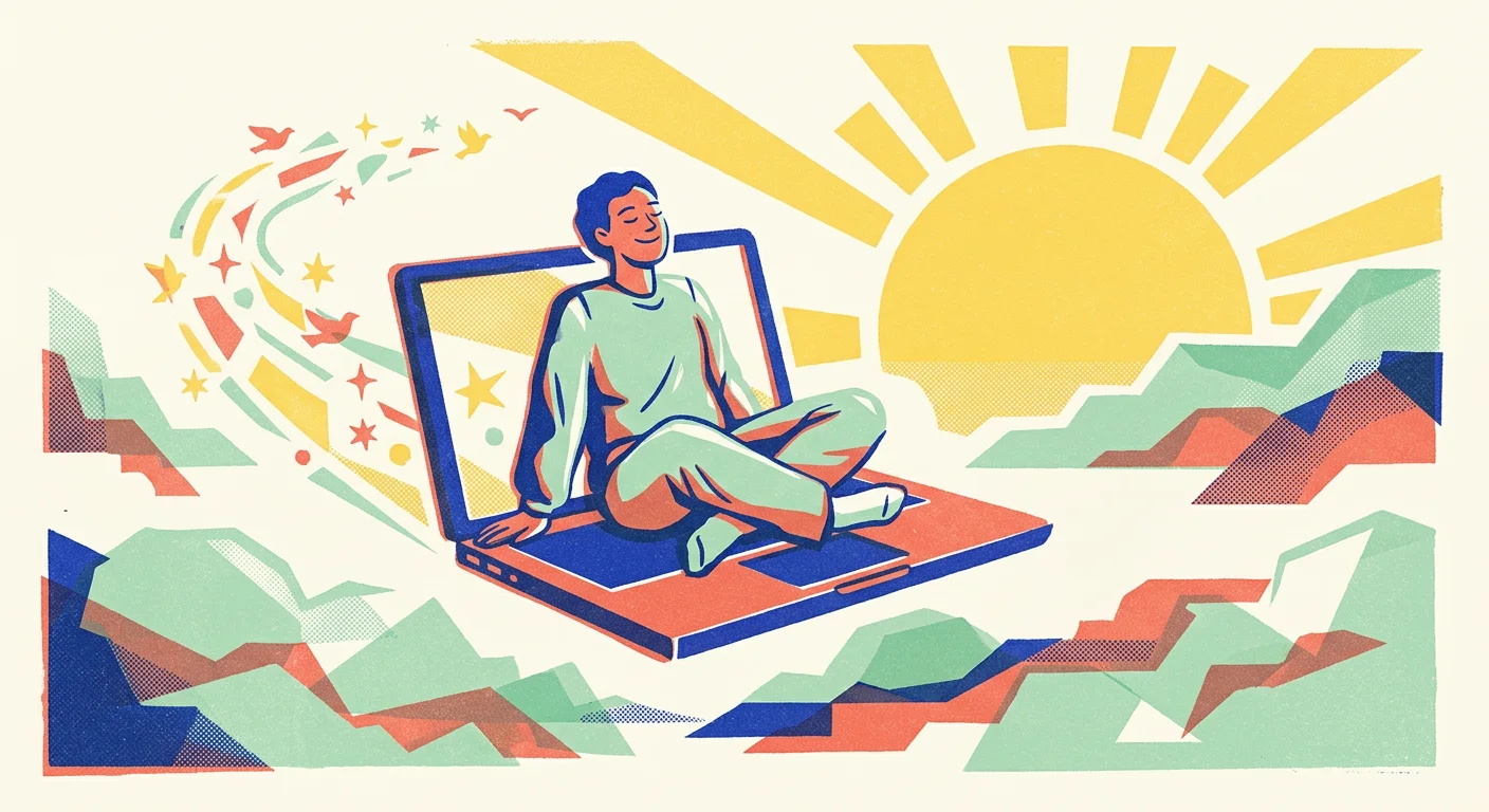 Screen-print illustration of a relaxed person floating on a laptop through the sky toward a rising sun